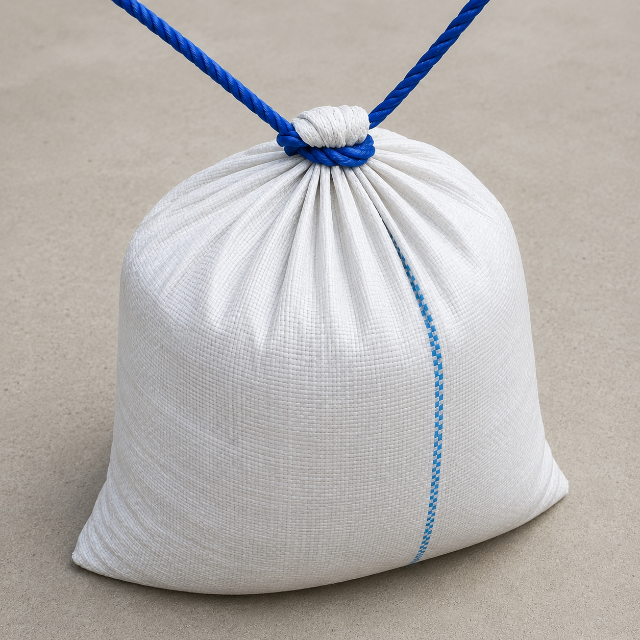 Saco branco fechado e amarrado com corda azul